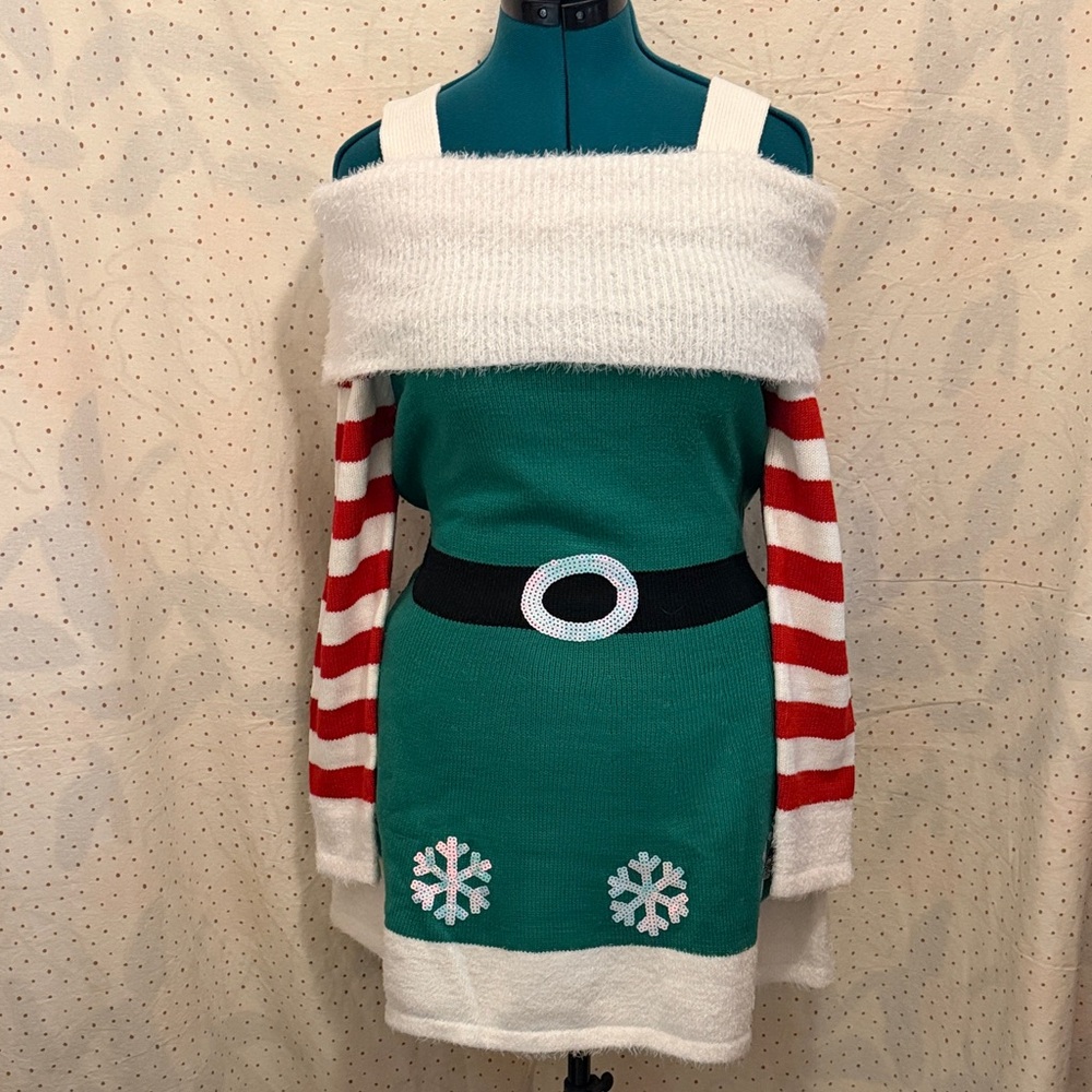 Ugly Sweater Dress Holiday Green and White Knit with sequin detail.